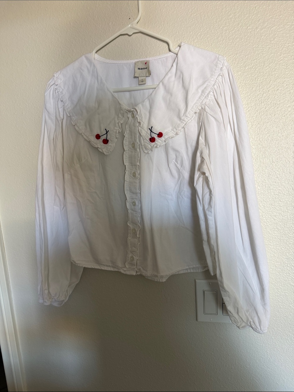 Maeve White Ruffle Collar Blouse with Cherry Embroidery